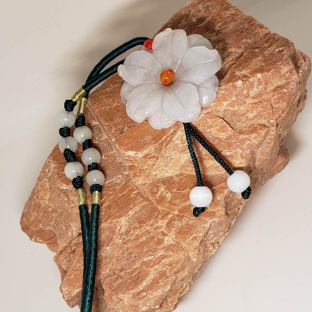 White jade flower pendant  with adjustable slide c